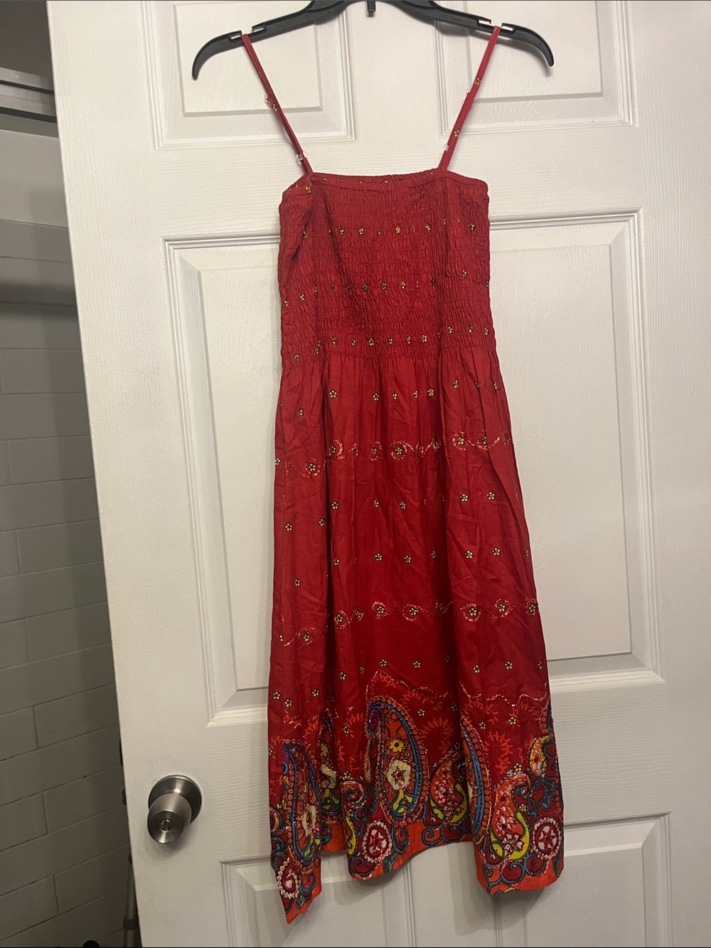 Red Paisley-Trim Midi Dress with Spaghetti Straps